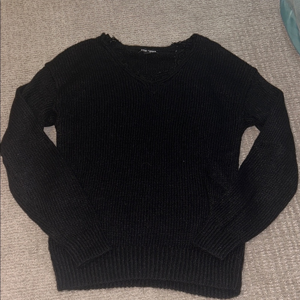 Steve Madden Black V-Neck Lace Trim Sweater